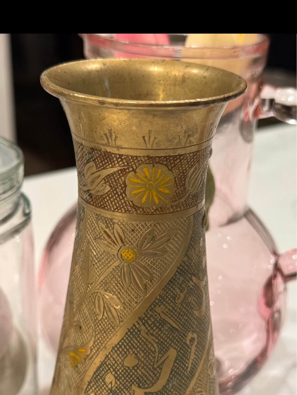 Vintage VTG Solid Brass Floral Inlay 8" Flower Vase -Ivan Palace New Delhi India - Picture 5 of 11